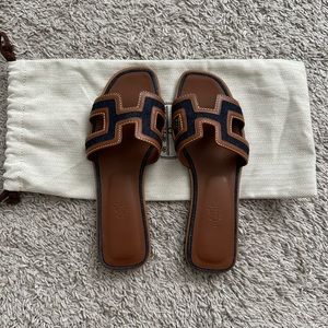 Hermes Denim / Gold Oran Sandals (sz 36 or 6)
